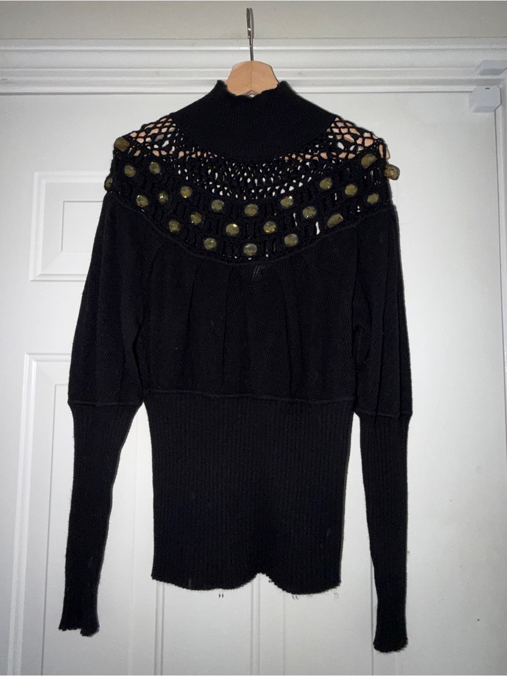 Boston Proper Y2K Black Knit Mock Neck Sweater with Gold Embellished Accent. LG